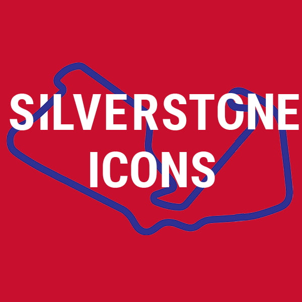 Silverstone Icons: white lettering over a blue circuit outline on a red background.